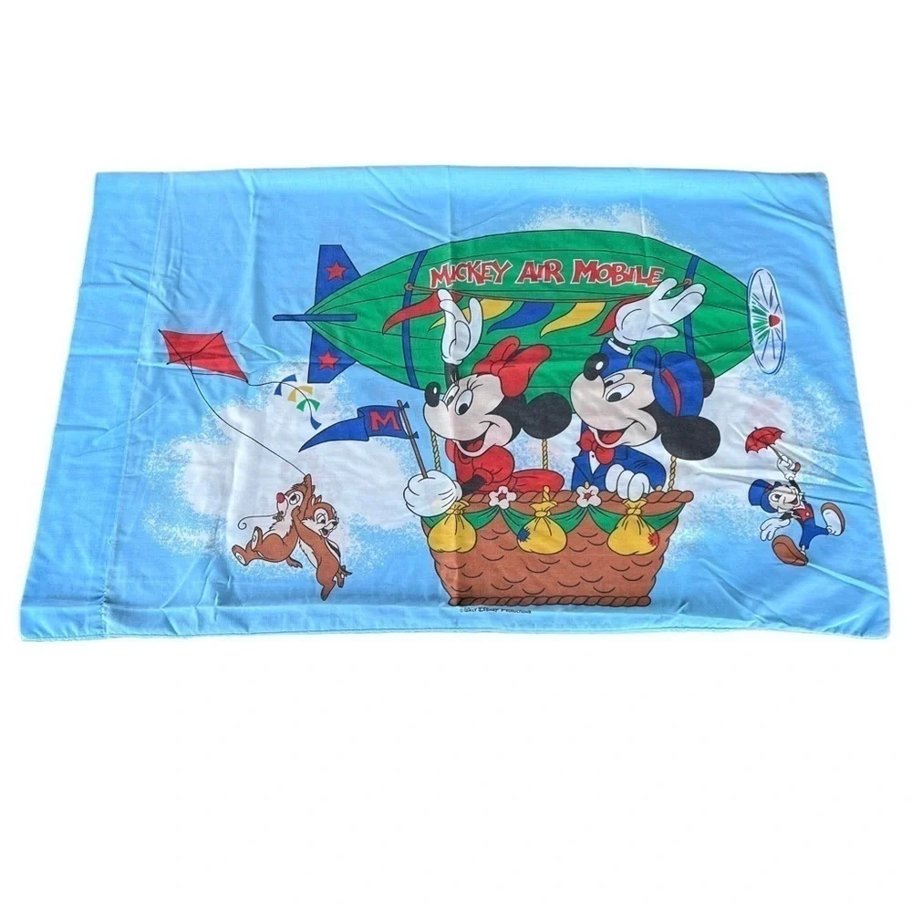 VTG Disney Mickey Minnie Hot Air Balloon Pillowcase Chipmunks Jiminy Cricket GUC